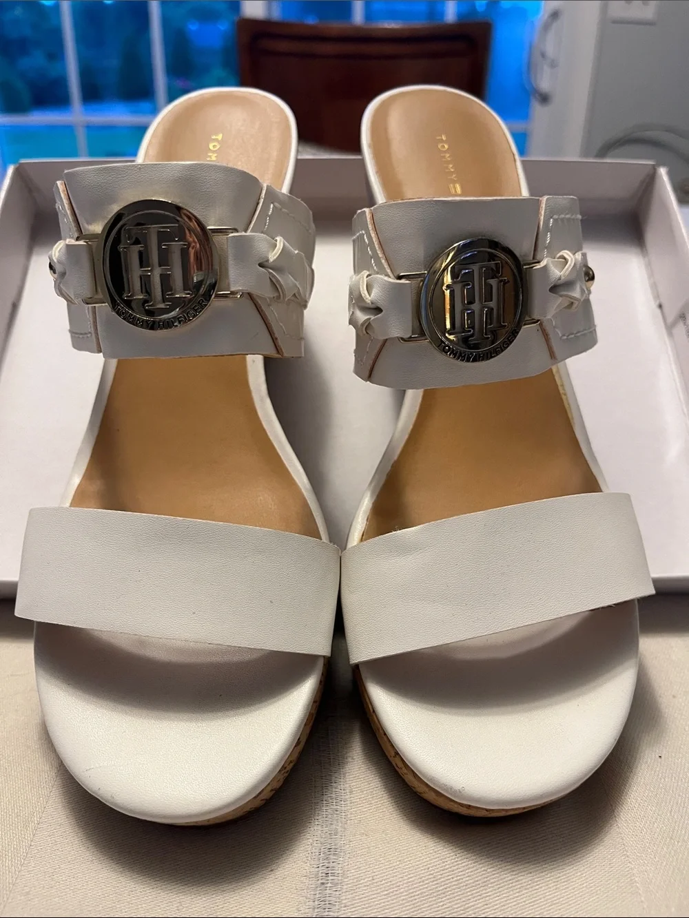 Tommy Hilfiger Cream Cork Wedge Sandals with Logo Medallion